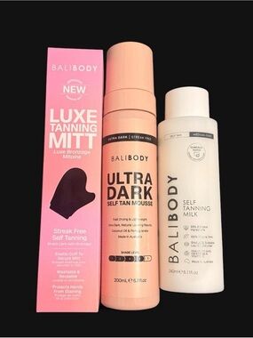 BALIBODY NWT Ultra Dark Self Tan Mousse, Self Tanning Milk & Tanning Mit Set